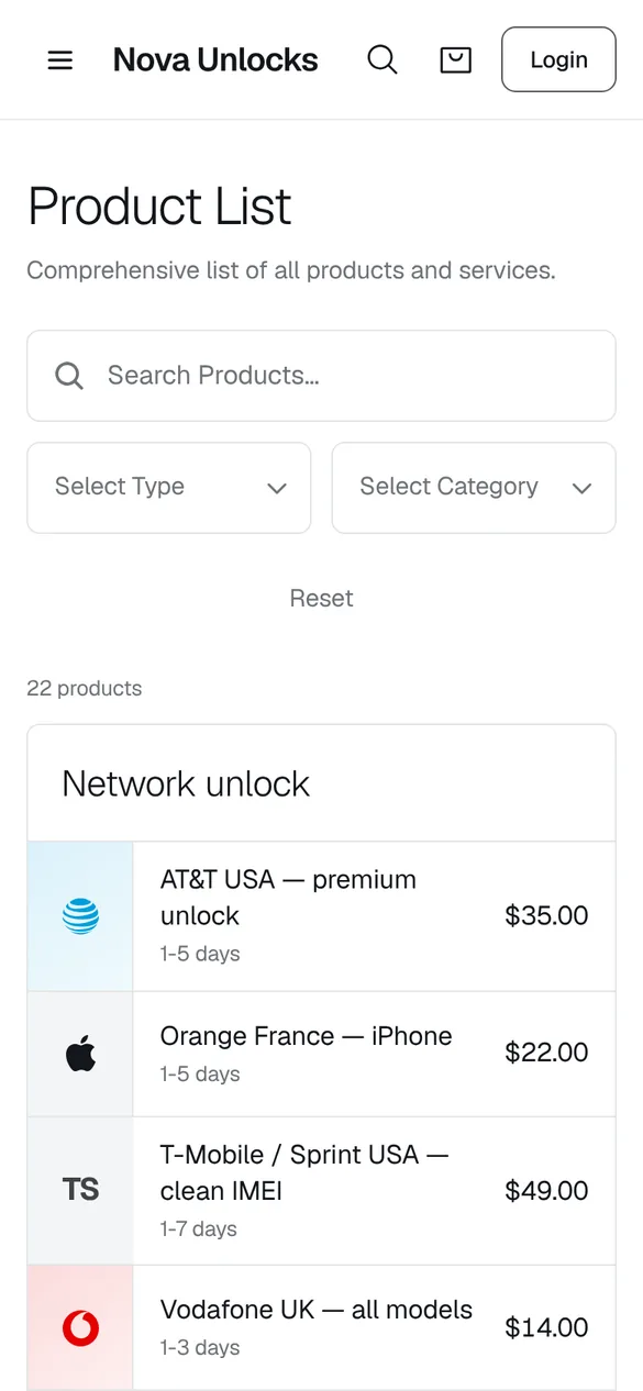 Product list on a phone